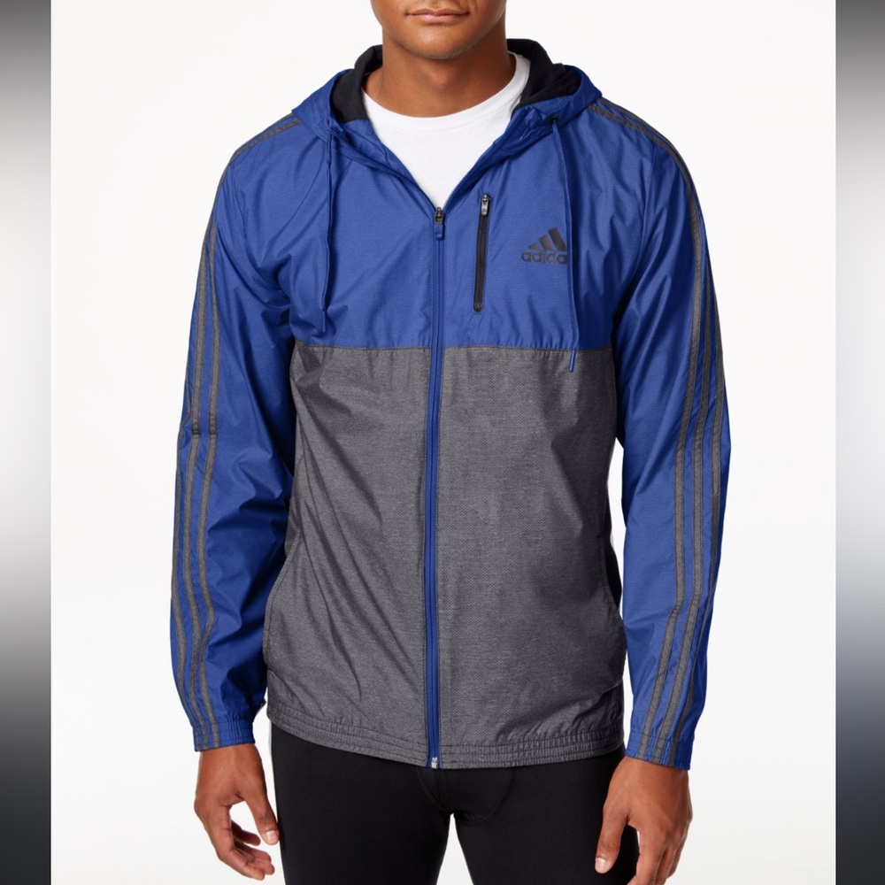 Adidas Men's Blue and Gray Hooded Windbreaker Jacket full zip